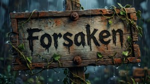 一塊長滿青苔的木牌，上面寫著Forsaken，被藤蔓和雨滴覆蓋。