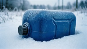雪中結霜的藍色塑膠壺