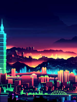 黃昏時分霓虹燈照亮的天際線，閃爍的建築物和背景中的山脈。