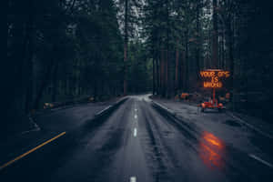 一條黑暗的森林道路，有一個發光的橙色標誌寫著你的GPS錯了。