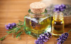 竹蓆上兩瓶薰衣草油和新鮮薰衣草枝。 — 16:10 壁紙