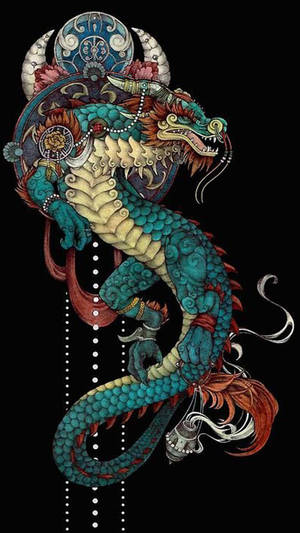 一條細節豐富的青綠色龍，帶有紅色點綴和華麗圖案，背景為黑色。 — 日本龍動畫 壁紙