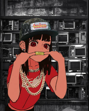 穿著紅襯衫和帽子的動漫女孩，被舊電視包圍，用手摀住嘴巴。 — 黑幫 壁紙
