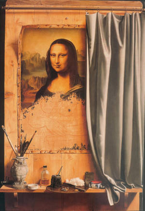 蒙娜麗莎畫作部分隱藏在藝術家工作室的窗簾後面。 — Oppo Pad 5 霧面螢幕 壁紙