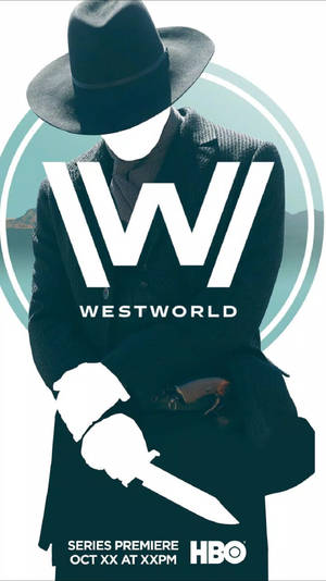 一個戴著面具、身穿西裝和紳士帽的男子手持刀具，身後有 Westworld 標誌。