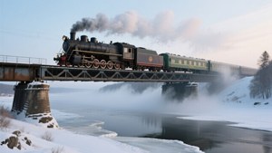 一列蒸汽火車在白雪皚皚的冬季場景中，跨越冰封河流上的橋樑。