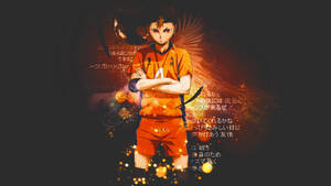 動畫角色穿著橙色運動裝備，交叉雙臂，周圍有發光效果。 — 幽遊白書 GIF 壁紙