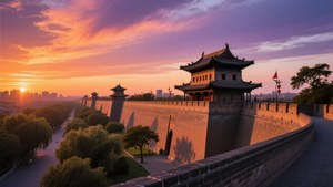 古代中國城牆塔樓在日落時分，天空呈現鮮豔的橙色和紫色，背景是現代城市