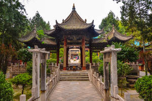 石橋通往綠色花園中的傳統中式亭閣。 — 中國 壁紙