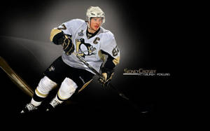 Sidney Crosby 身穿匹茲堡企鵝隊球衣，手持冰球桿滑冰。 — 運動 壁紙