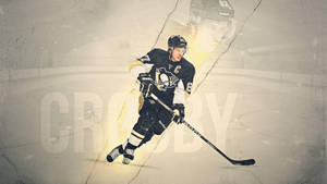 冰球運動員 Sidney Crosby 在冰上滑行，伴隨著發光效果，背後有他的名字。 — 運動 壁紙