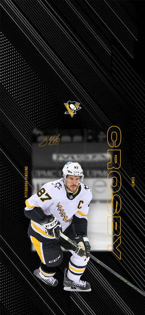 Sidney Crosby 身穿匹茲堡企鵝隊球衣，在冰上手持冰球桿。 — 運動 壁紙