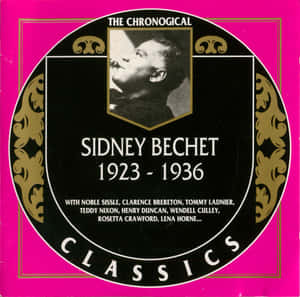 Sidney Bechet 1923-1936 的復古爵士樂專輯封面，在粉紅色背景上帶有華麗的金色設計。 — 猶他爵士 壁紙
