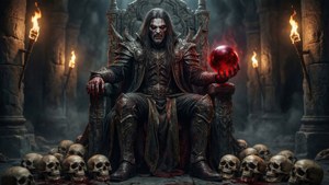 一個身穿華麗盔甲的惡魔般人物坐在王座上，手持一顆被骷髏包圍的紅色球體。