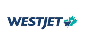 WestJet 航空公司標誌，藍色文字和青綠色楓葉在白色背景上。