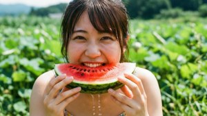 年輕女性在茂盛的綠色田野中快樂地吃西瓜。