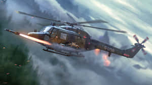 軍用直升機在暴風雨中向霧氣瀰漫的森林上空發射導彈。