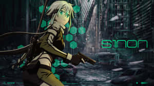動漫角色 Sinon 在賽博龐克城市中手持手槍。