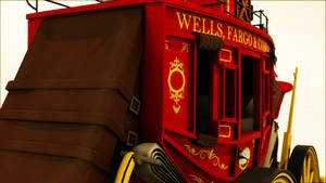 紅色Wells Fargo驛馬車，帶有金色點綴和華麗設計。