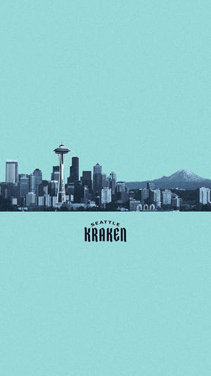西雅圖天際線，包括太空針塔和山脈，在青綠色天空下，帶有Seattle Kraken標誌。