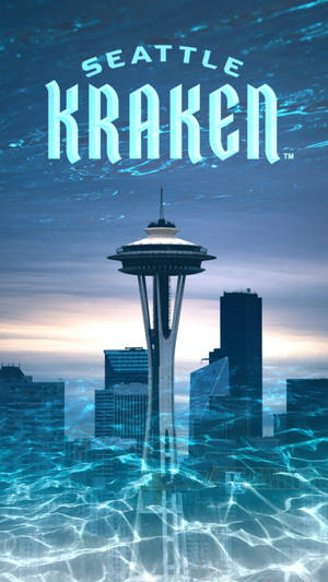 西雅圖太空針塔從發光的藍色水中升起，上方有「Seattle Kraken」文字。