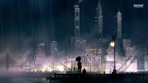 雨夜城市碼頭上撐傘的人的剪影。