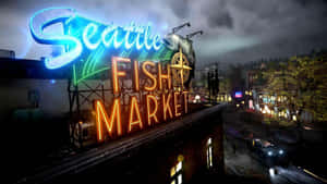 夜雨中閃耀的 Seattle Fish Market 霓虹招牌。