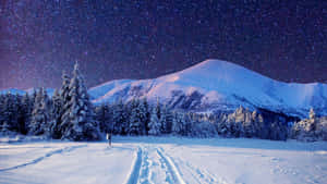 星空下，有雪松和滑雪道痕跡的白雪山脈。