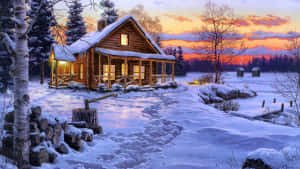 雪地冬季景觀中舒適的小屋，在日落時分窗戶透出溫暖的燈光。