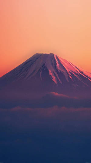 富士山在夕陽下聳立於雲層之上，天空呈現粉紅和橙色。
