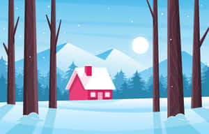 雪林中的粉紅色小屋，有山和月亮