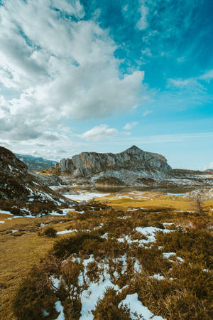 白雪覆蓋的山景，金色的草地，藍天白雲