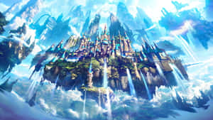 一座浮空城堡，帶有瀑布和尖塔，在明亮的藍天中。 — 精細 壁紙