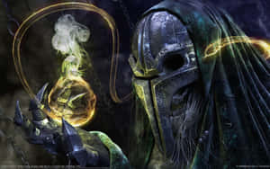 一位身穿黑暗盔甲、戴著骷髏面具的巫師，手持一顆發光的魔法球體。