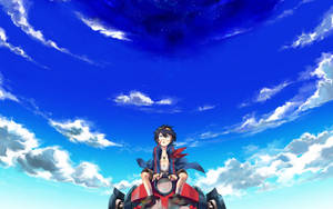動漫男孩在紅色車輛上仰望有雲的星空。