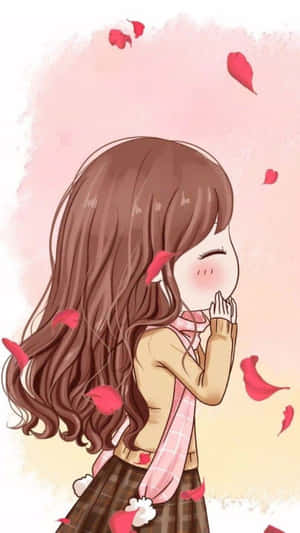 棕色頭髮和粉色圍巾的動漫女孩微笑，紅色玫瑰花瓣在她周圍飄浮。