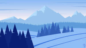 簡約冬季場景中，清澈藍天下的雪山和松樹。