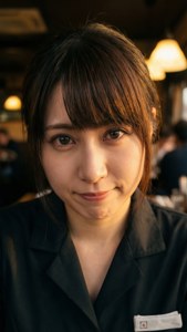一位穿著黑色制服的年輕女性在舒適的餐廳裡對著鏡頭溫柔微笑。