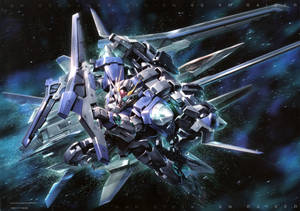 銀藍色高達機動戰士在星空宇宙場景中飛行。