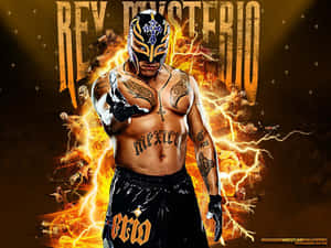 摔角手 Rey Mysterio 戴著面具和黑色短褲，被火焰閃電效果包圍。