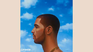 Drake的側面畫像，背景是藍天白雲。
