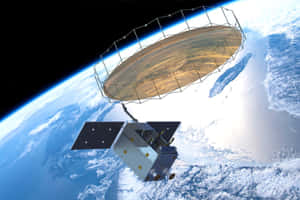 帶有大型天線的衛星繞地球運行，顯示海洋、雲層和陸地。 — 3:2 壁紙