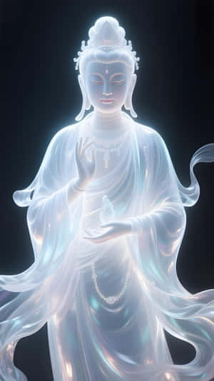 一尊發光的白色佛像，衣袍飄逸，神情安詳，背景黑暗。 — 蘋果 壁紙