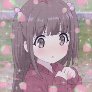 棕色雙馬尾的動漫女孩，被粉紅色草莓和閃光包圍。