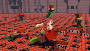 像素角色在紅色TNT網格上爆炸，呈現Minecraft風格遊戲。 — 遊戲 壁紙