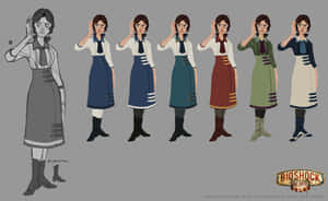 Bioshock Infinite 的角色設計表，展示一位穿著多種顏色制服的女人。 — 生化奇兵 壁紙
