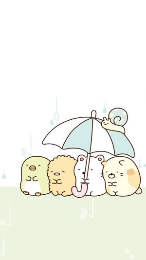 四隻可愛動物在雨中共享一把傘。