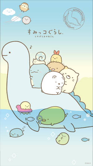 Sumikko Gurashi角色在溫柔的海洋場景中騎著鯨魚。