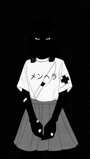 穿著護士服的動漫女孩，手持一把刀，襯衫上有日文字。 — 暗色 壁紙