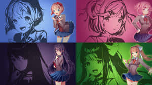 四位身穿校服的動漫女孩在彩色背景前。